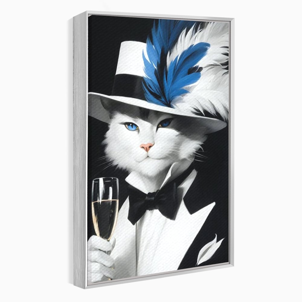 Tablou canvas cu tablou canvas cu pisica aristocrata in costum, in rama de aluminiu argintiu